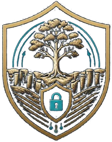 Escudo de Ciber Payty: un árbol sobre una trinchera de troncos, con un candado al centro
